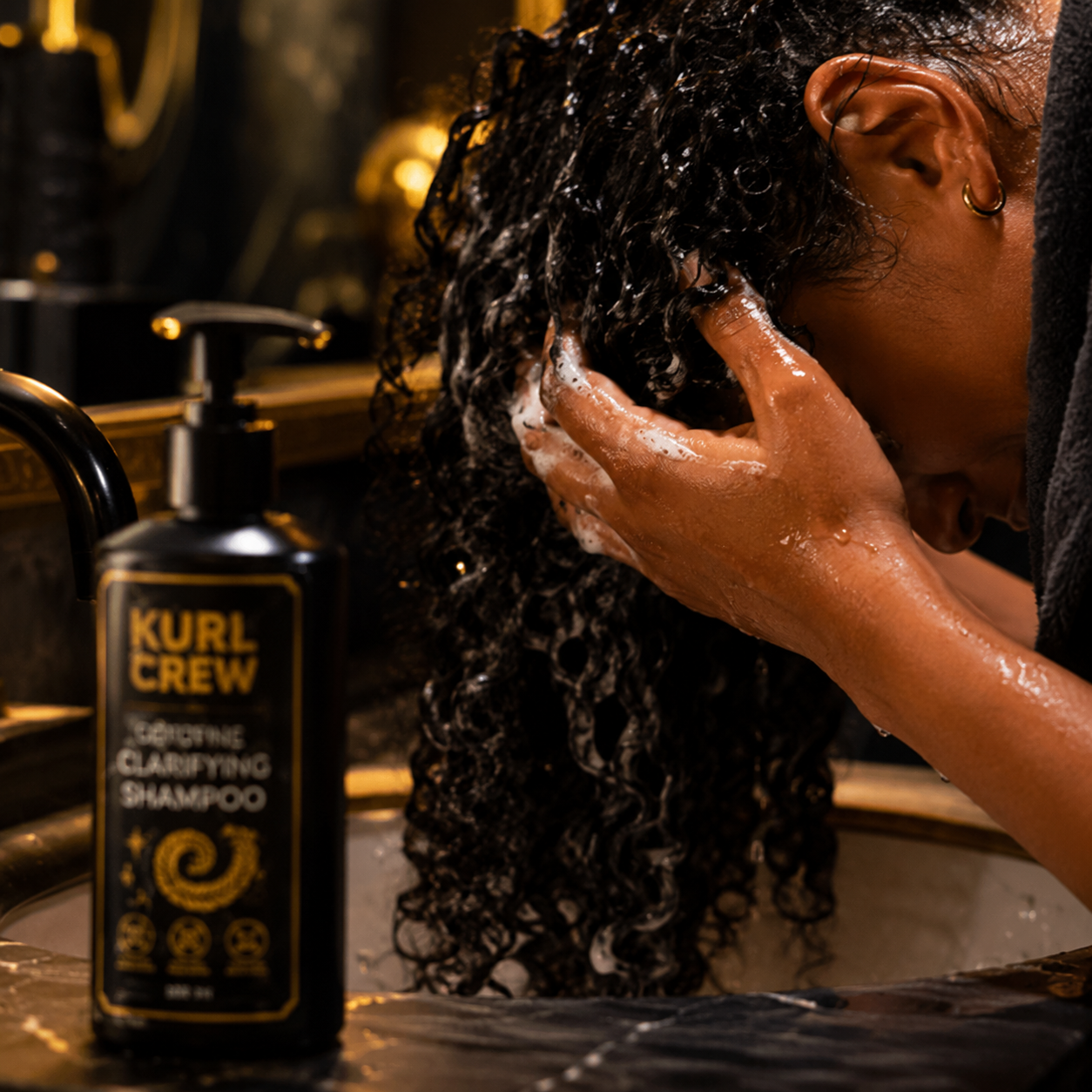 Wash day at home, applying Kurl Crew shampoo